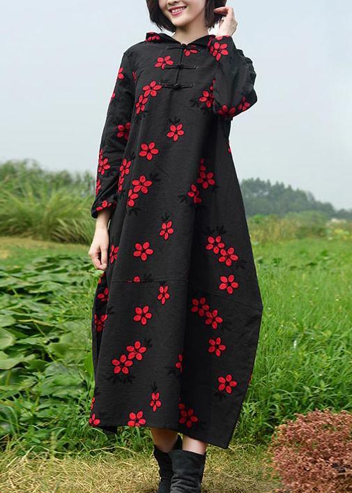 Women Black Embroidery Quilting Dresses Hooded Maxi Spring Dresses - Omychic