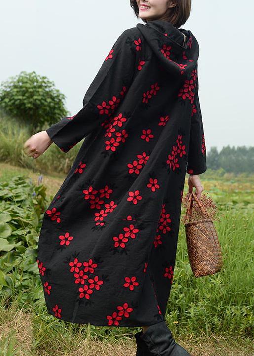 Women Black Embroidery Quilting Dresses Hooded Maxi Spring Dresses - Omychic