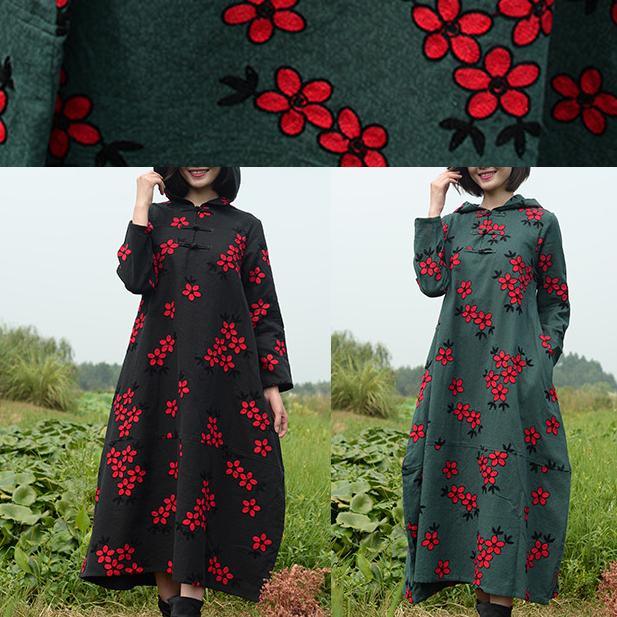 Women Black Embroidery Quilting Dresses Hooded Maxi Spring Dresses - Omychic