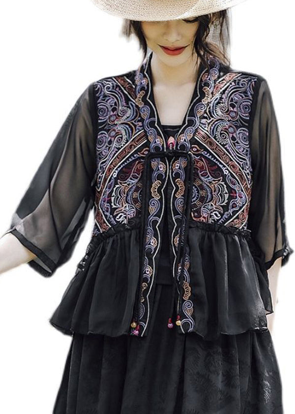 Women Black Ethnic Style Embroideried Ruffled Linen Silk Blouse Tops Summer
