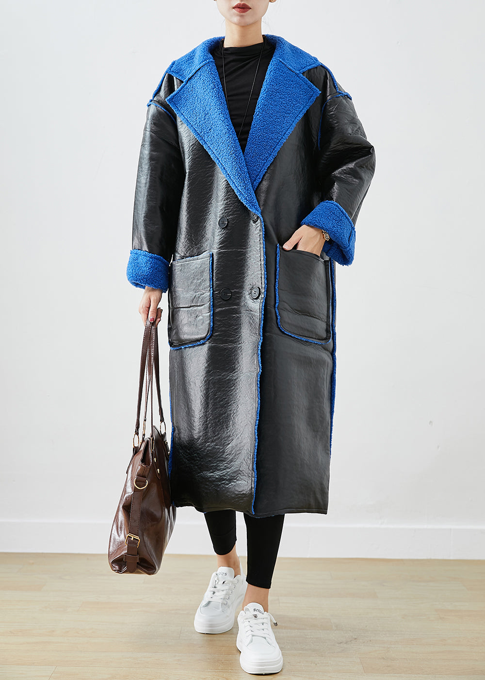 Women Black Fleece Wool Lined Wear On Both Sides Faux Leather Coat Outwear Winter