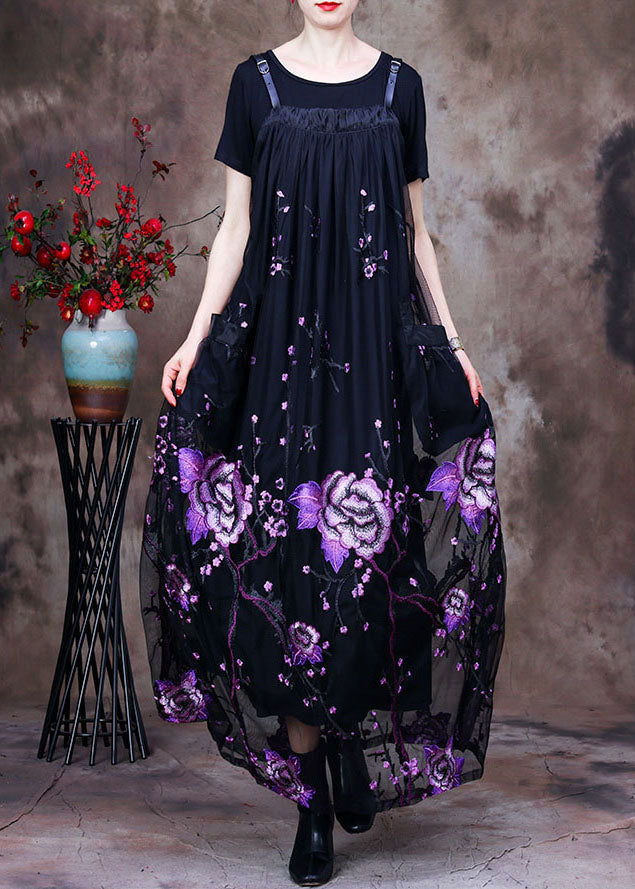 Women Black Floral Embroideried Pockets Lace Two Pieces Set Summer