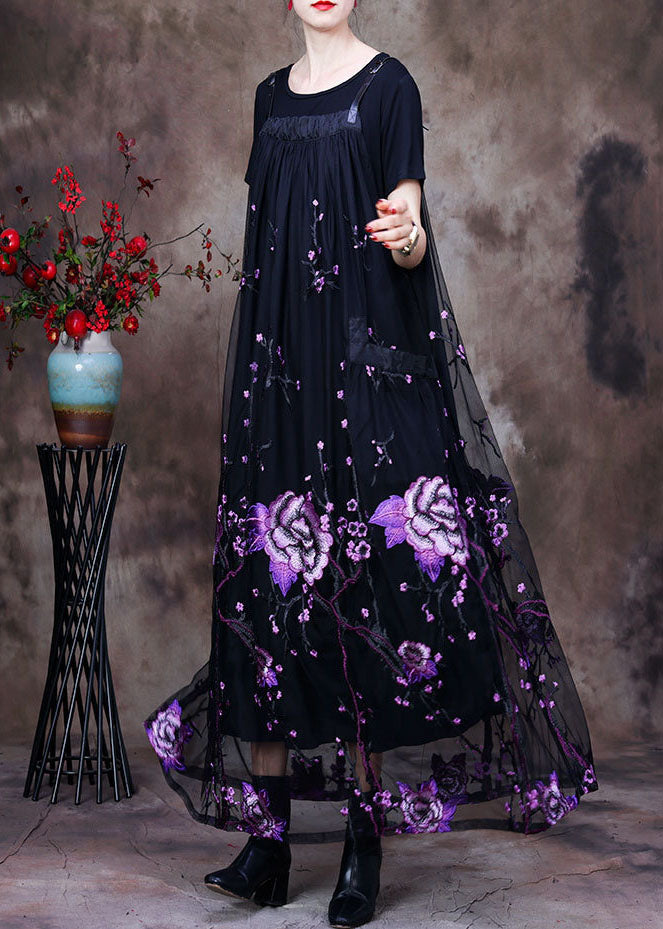 Women Black Floral Embroideried Pockets Lace Two Pieces Set Summer