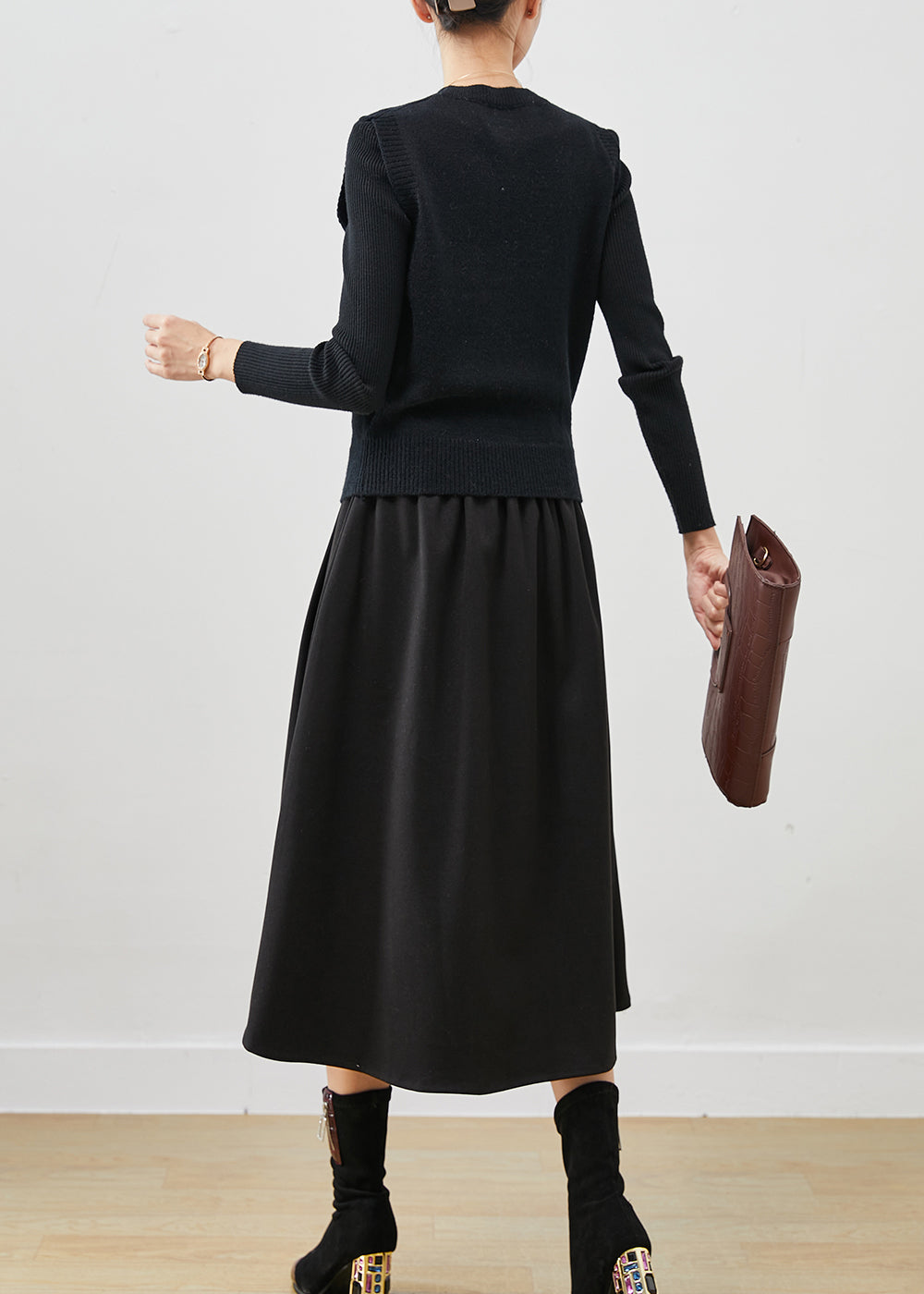 Women Black Floral Silm Fit Three Piece Suit Set Winter