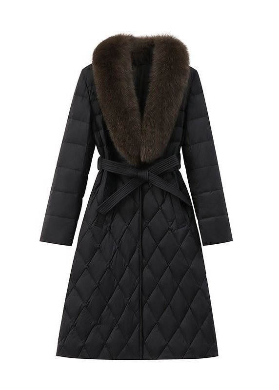 Women Black Fox Collar Slim Fit Duck Down Puffers Jackets Winter