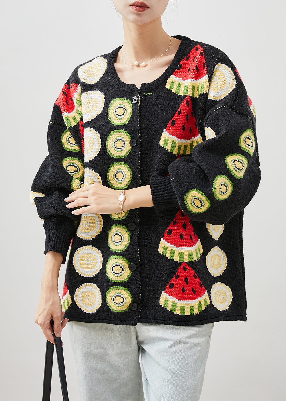 Women Black Fruit Print Oversized Knit Cardigans Winter