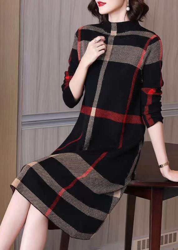 Women Black High Neck Print Knit Long Dresses Spring