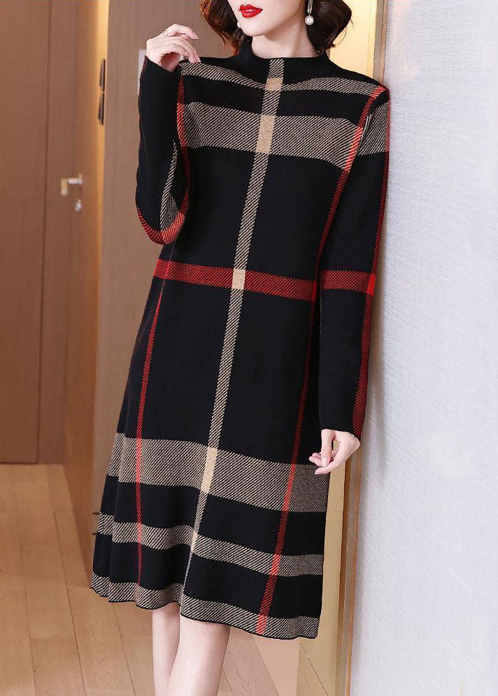 Women Black High Neck Print Knit Long Dresses Spring