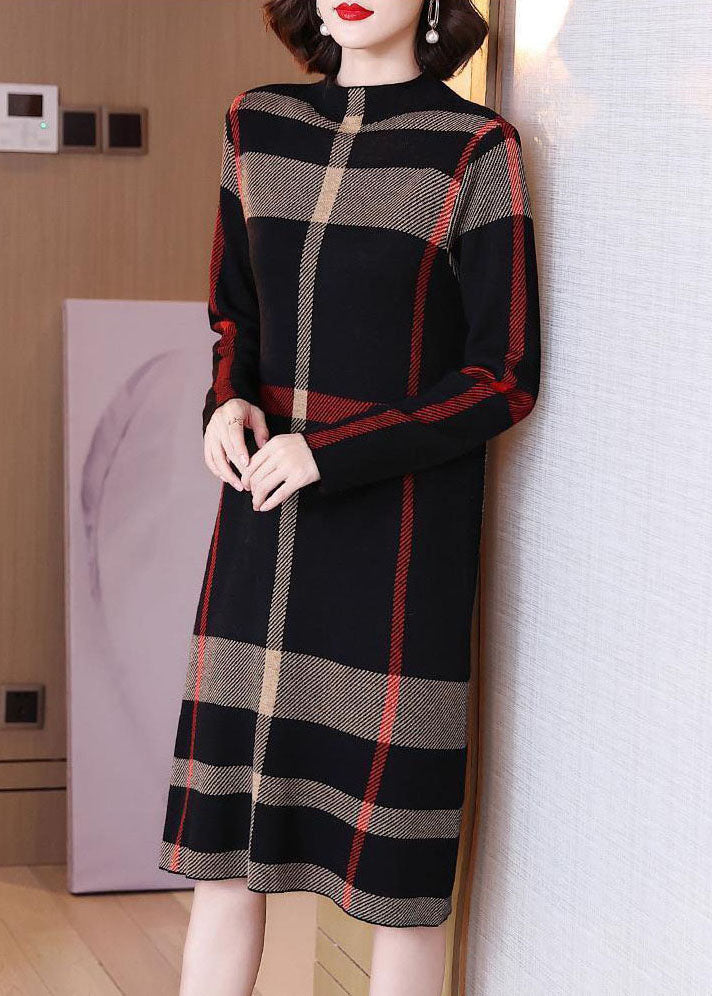 Women Black High Neck Print Knit Long Dresses Spring