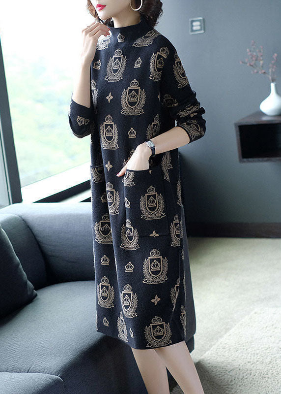 Women Black High Neck Print Pockets Knit Sweater Dress Long Sleeve