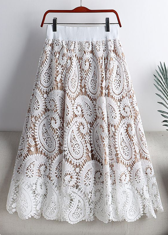 Women Black Hollow Out Elastic Waist Lace Skirts Spring