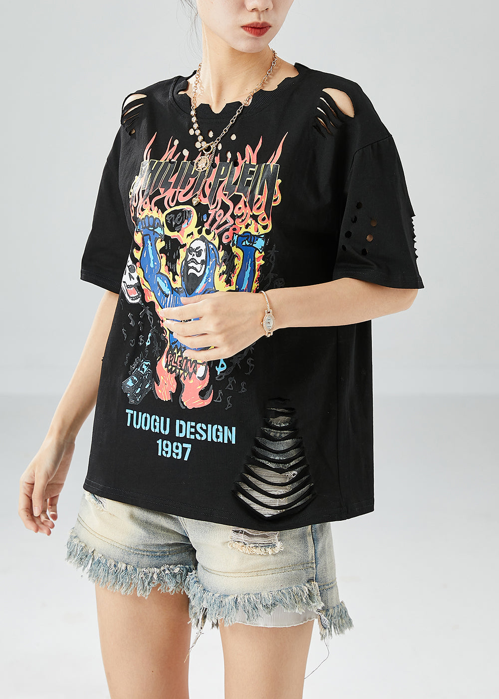 Women Black Hollow Out Print Ripped Cotton Tanks Summer