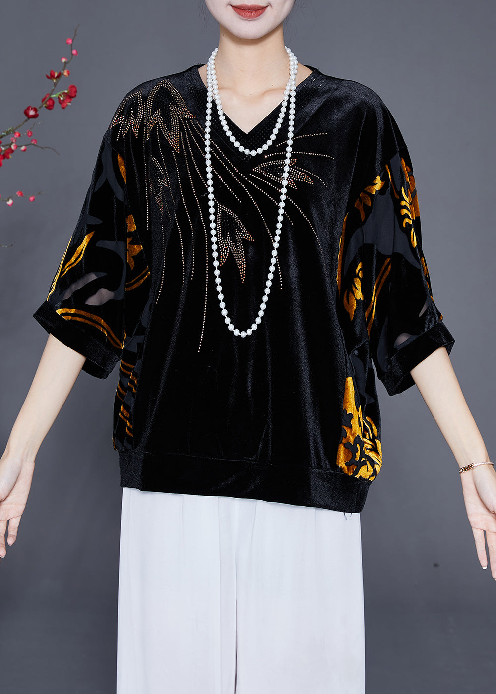 Women Black Hollow Out Zircon Silk Velour Shirt Top Half Sleeve