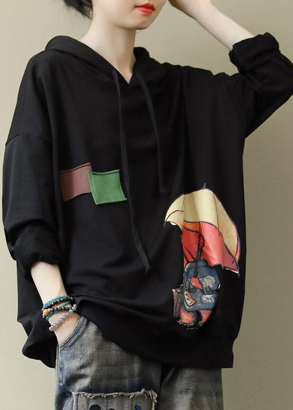 Women Black Hooded Cotton Sweatshirt Street wear Spring