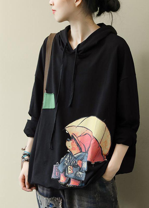 Women Black Hooded Cotton Sweatshirt Street wear Spring