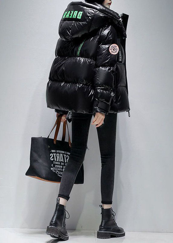 Women Black Hooded Drawstring Streetwear Duck Down Down Coat Winter