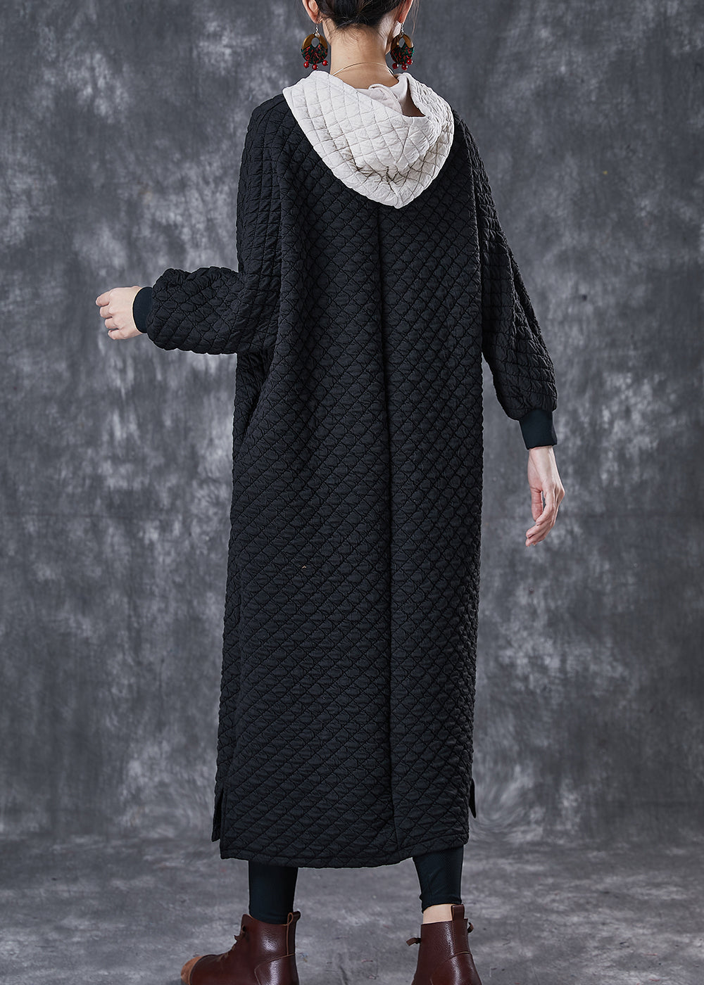Women Black Hooded Patchwork Fine Cotton Filled Dress Winter