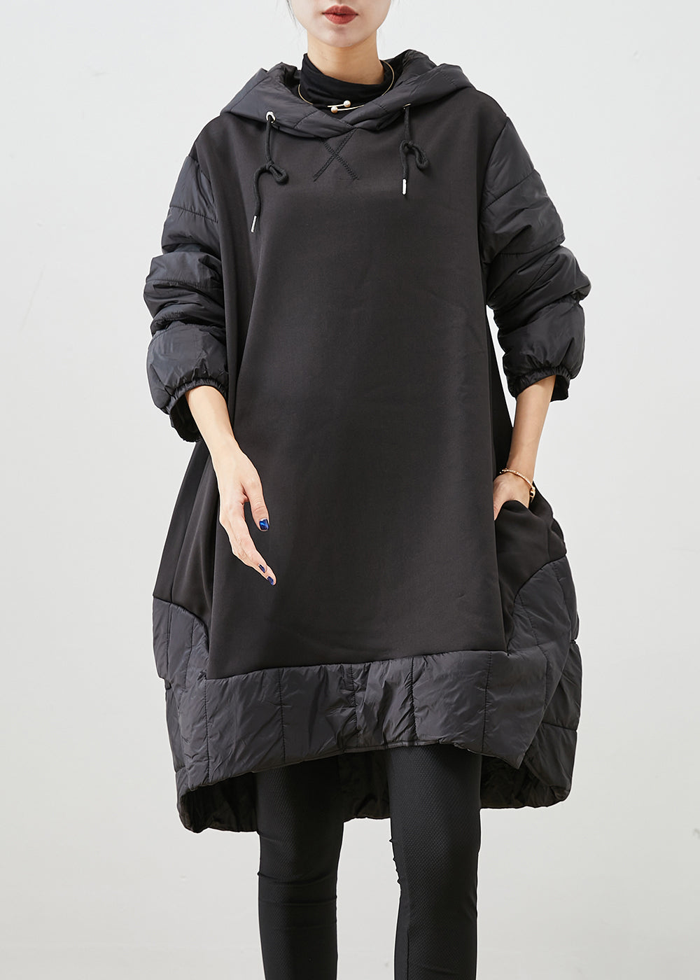 Women Black Hooded Patchwork Thick Cotton Pullover Sweatshirt Dress Fall