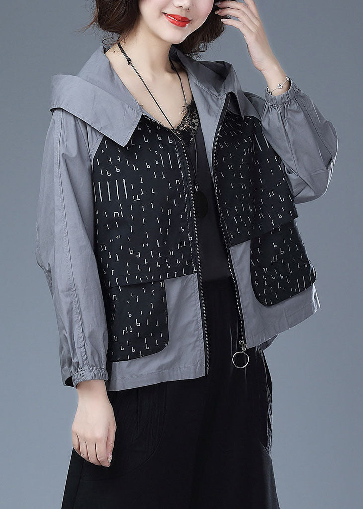 Women Black Hooded Print Pockets Patchwork Cotton Tops Coats Fall