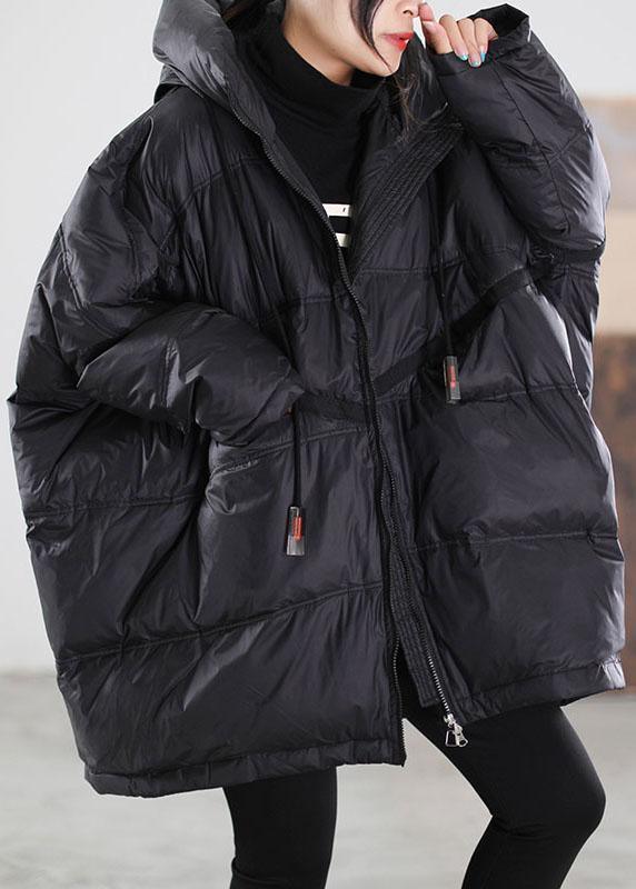 Women Black Hooded drawstring Duck Down Down Jacket Winter - Omychic