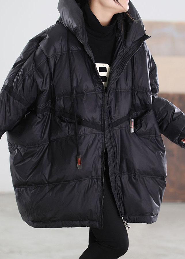 Women Black Hooded drawstring Duck Down Down Jacket Winter - Omychic