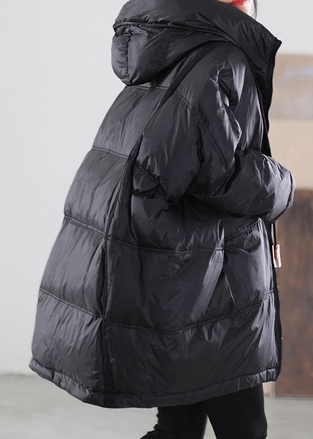 Women Black Hooded drawstring Duck Down Down Jacket Winter - Omychic