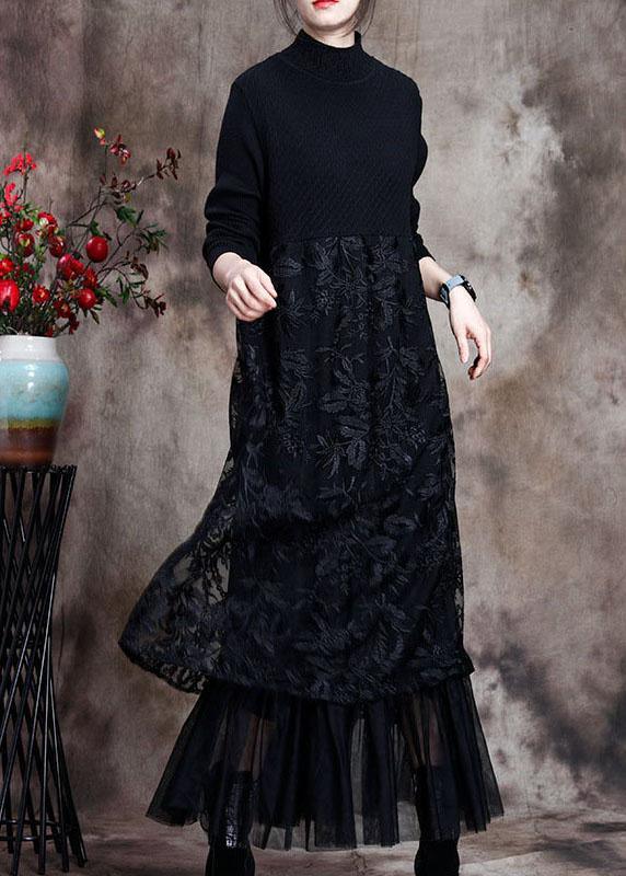 Women Black Knit Patchwork asymmetrical design Fall Knit Dress - Omychic