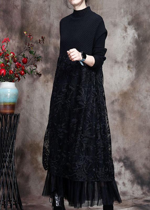 Women Black Knit Patchwork asymmetrical design Fall Knit Dress - Omychic