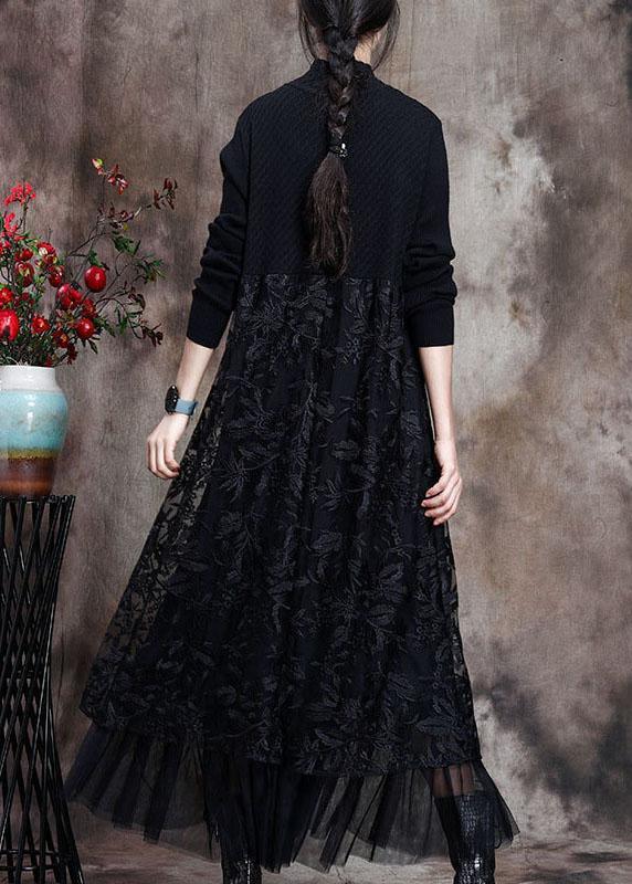 Women Black Knit Patchwork asymmetrical design Fall Knit Dress - Omychic