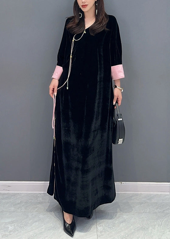 Women Black Lace Up Side Open Patchwork Velour Long Dress Fall