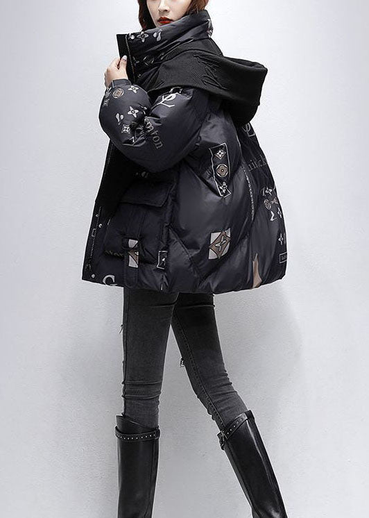 Women Black Letter Print Hooded Scarf Duck Down Down Coat Winter