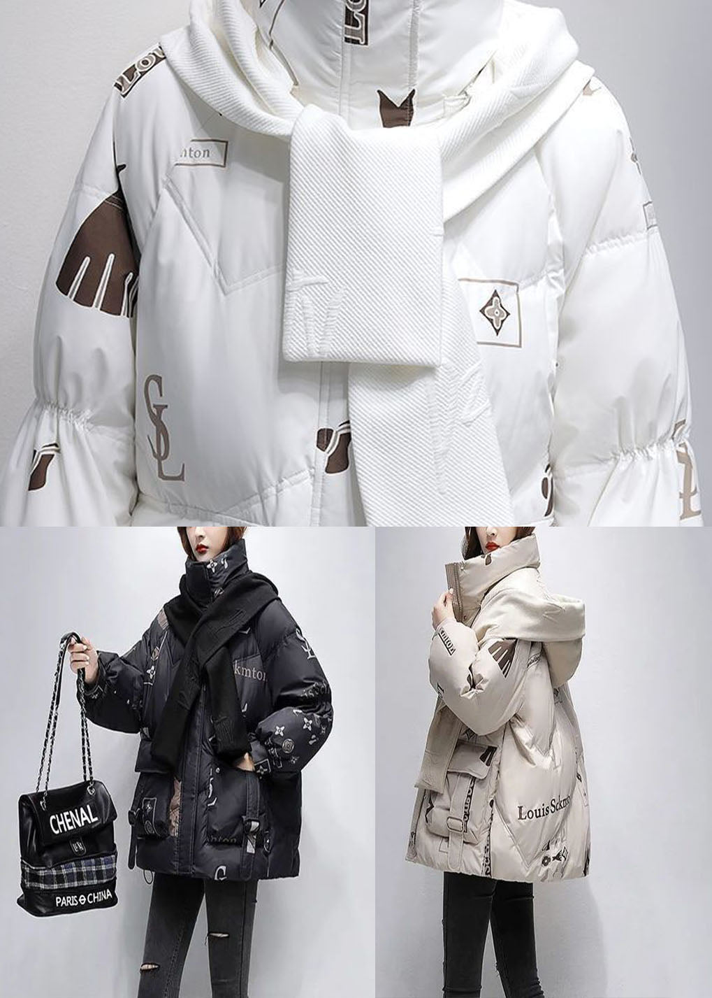 Women Black Letter Print Hooded Scarf Duck Down Down Coat Winter