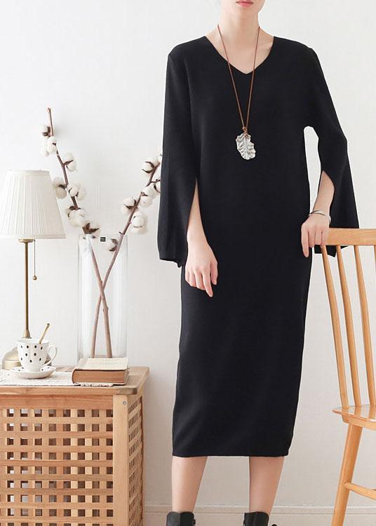 Women Black Long Sleeve Fall Slim fit Knit Dress - Omychic