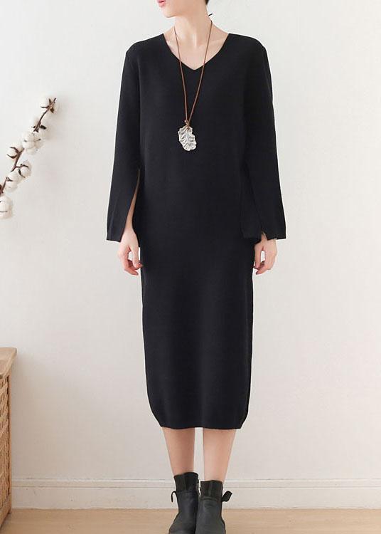 Women Black Long Sleeve Fall Slim fit Knit Dress - Omychic