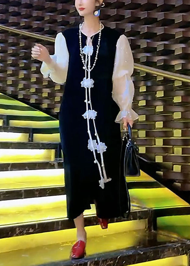 Women Black Nail Bead Patchwork Silk Velour Dresses Puff Sleeve