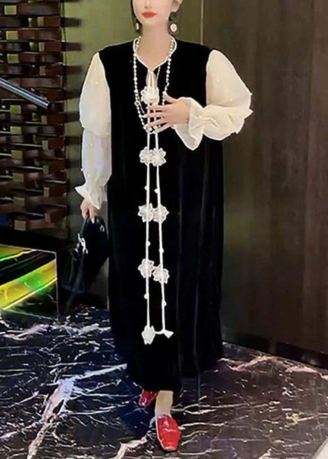 Women Black Nail Bead Patchwork Silk Velour Dresses Puff Sleeve