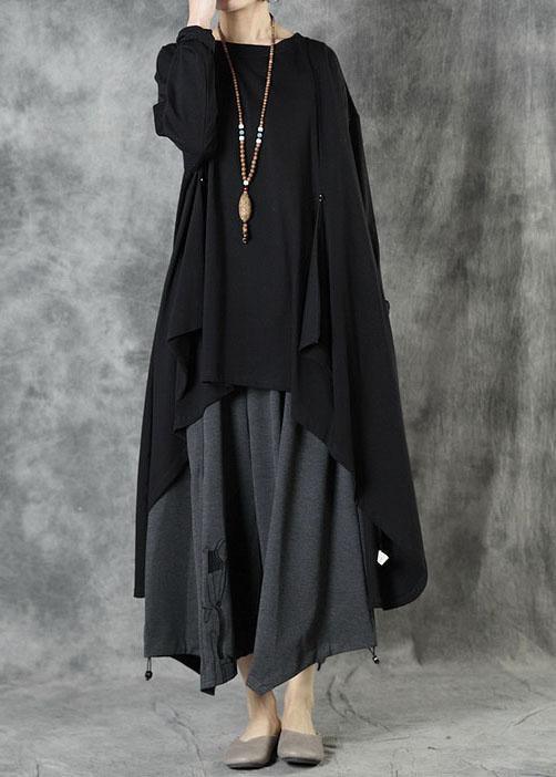 Women Black O-Neck Asymmetrical Design Fall Top Long Sleeve - Omychic