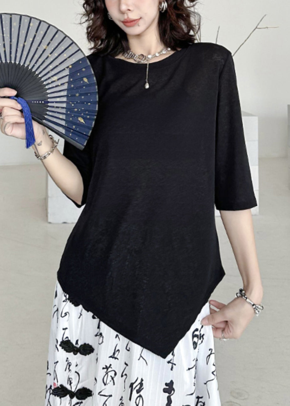 Women Black O-Neck Asymmetrical Patchwork Cotton T Shirt Half Sleeve