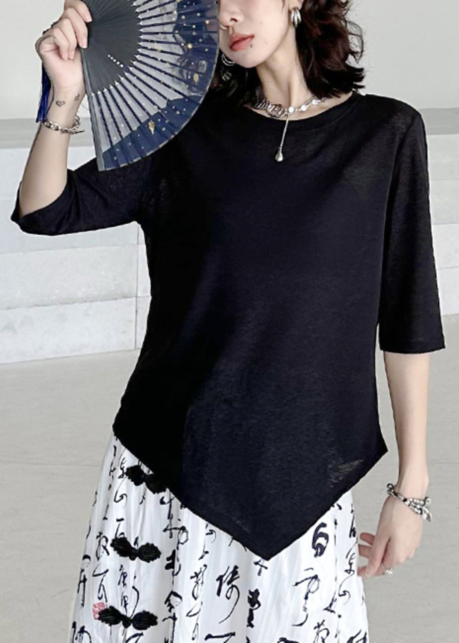 Women Black O-Neck Asymmetrical Patchwork Cotton T Shirt Half Sleeve