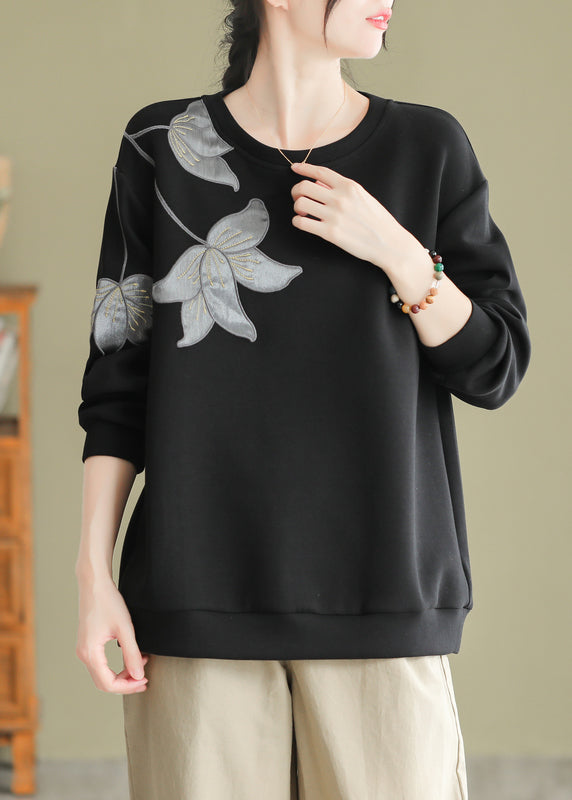 Women Black O Neck Embroideried Cotton Pullover Sweatshirt Fall