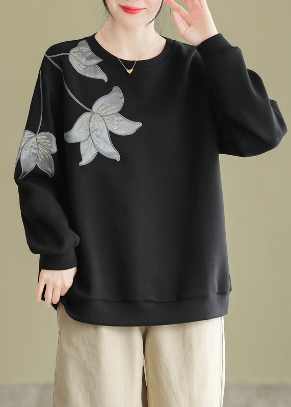 Women Black O Neck Embroideried Cotton Pullover Sweatshirt Fall