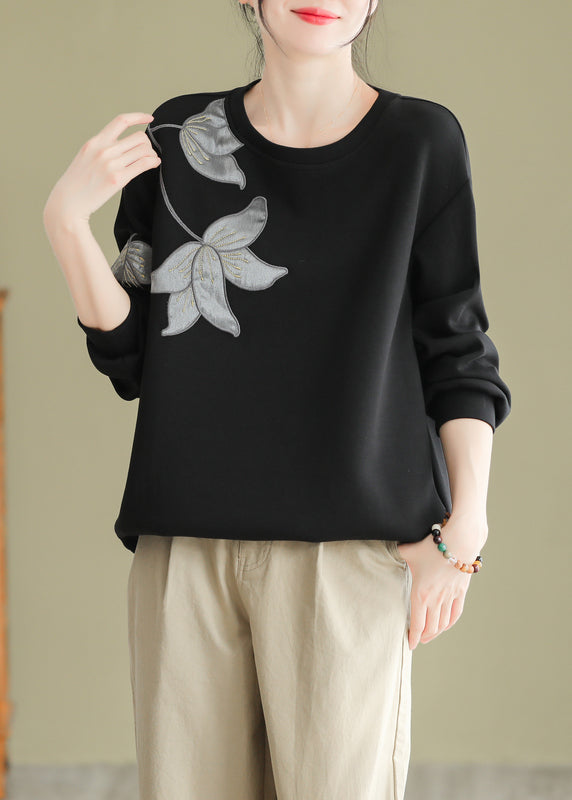Women Black O Neck Embroideried Cotton Pullover Sweatshirt Fall