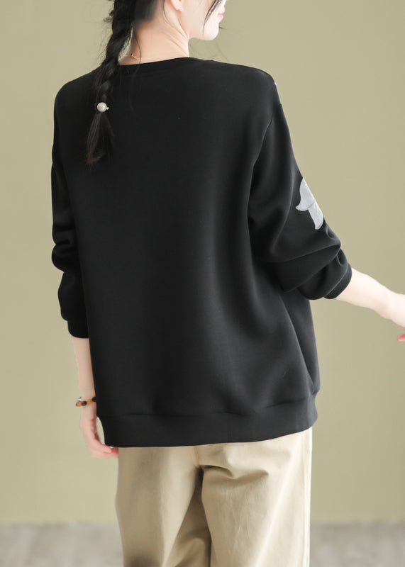 Women Black O Neck Embroideried Cotton Pullover Sweatshirt Fall