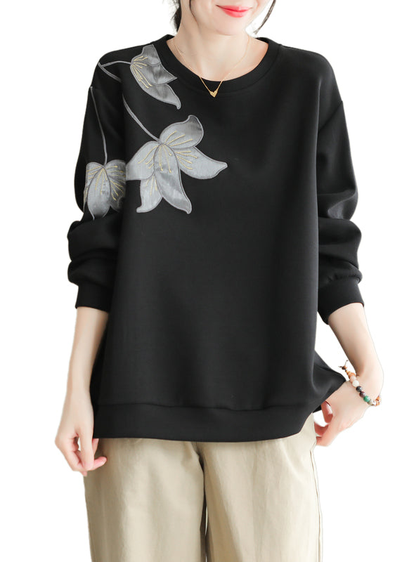 Women Black O Neck Embroideried Cotton Pullover Sweatshirt Fall