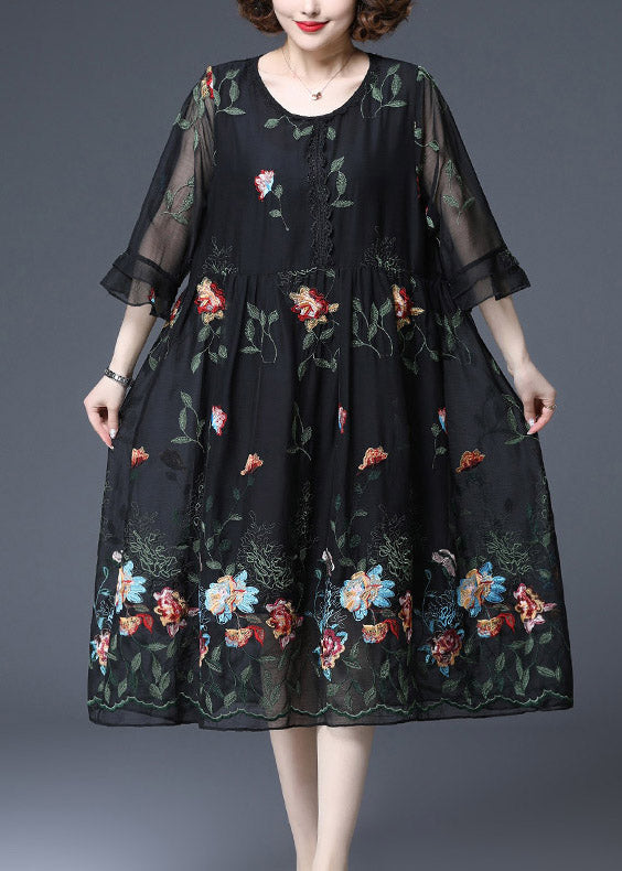 Women Black O-Neck Embroideried Tulle Dress Butterfly Sleeve