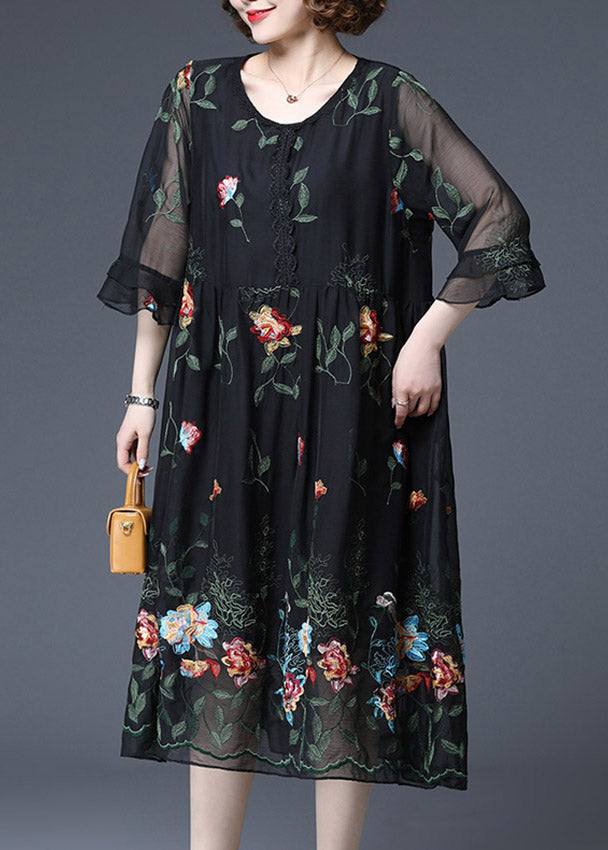 Women Black O-Neck Embroideried Tulle Dress Butterfly Sleeve