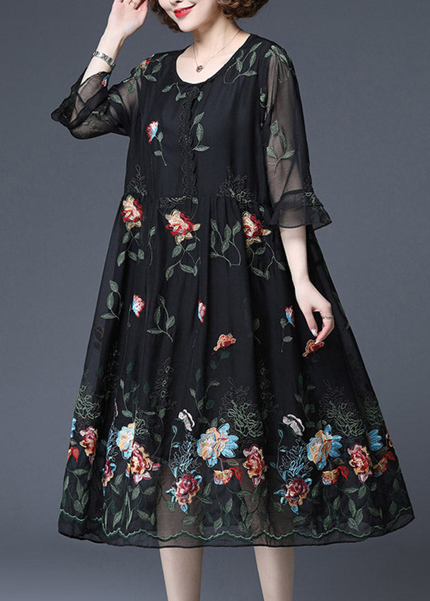 Women Black O-Neck Embroideried Tulle Dress Butterfly Sleeve