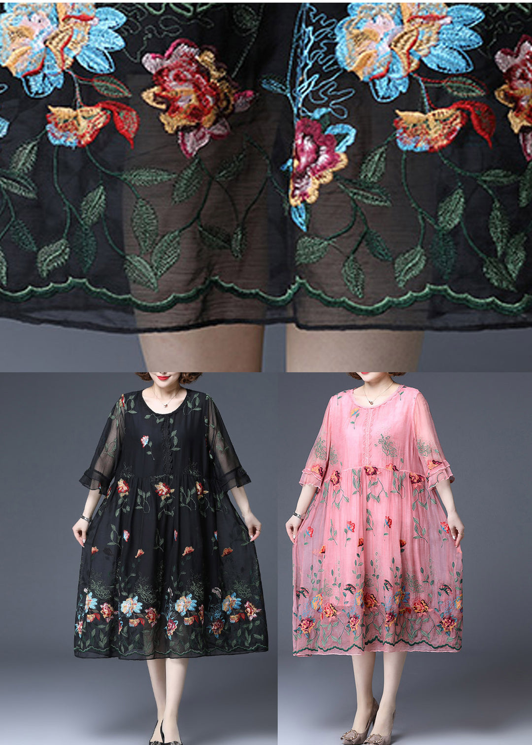 Women Black O-Neck Embroideried Tulle Dress Butterfly Sleeve