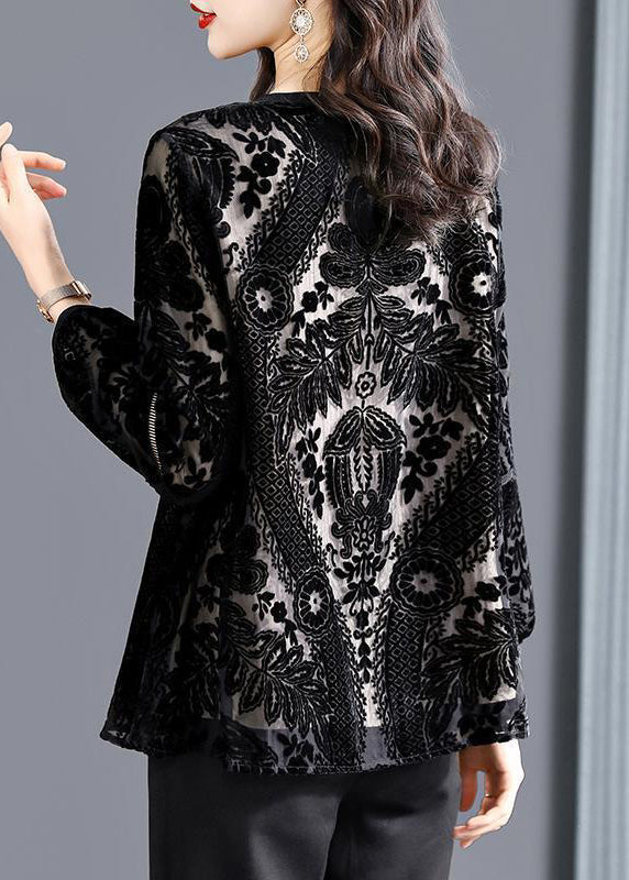 Women Black O-Neck Hollow Out Patchwork Silk Velour Top Fall