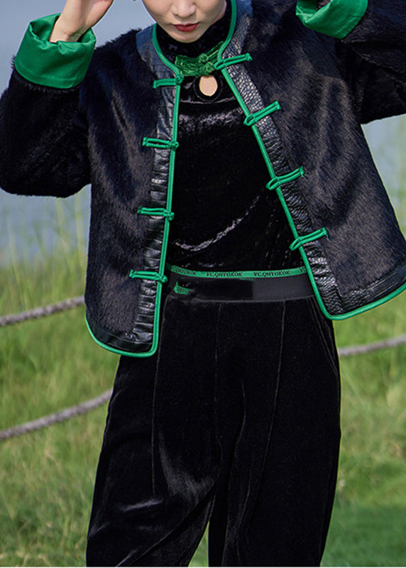 Women Black O-Neck Patchwork Button Velour Coats Long Sleeve